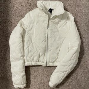 Size small, white & puffy jacket with silver zipper, wore once, forever 21.
